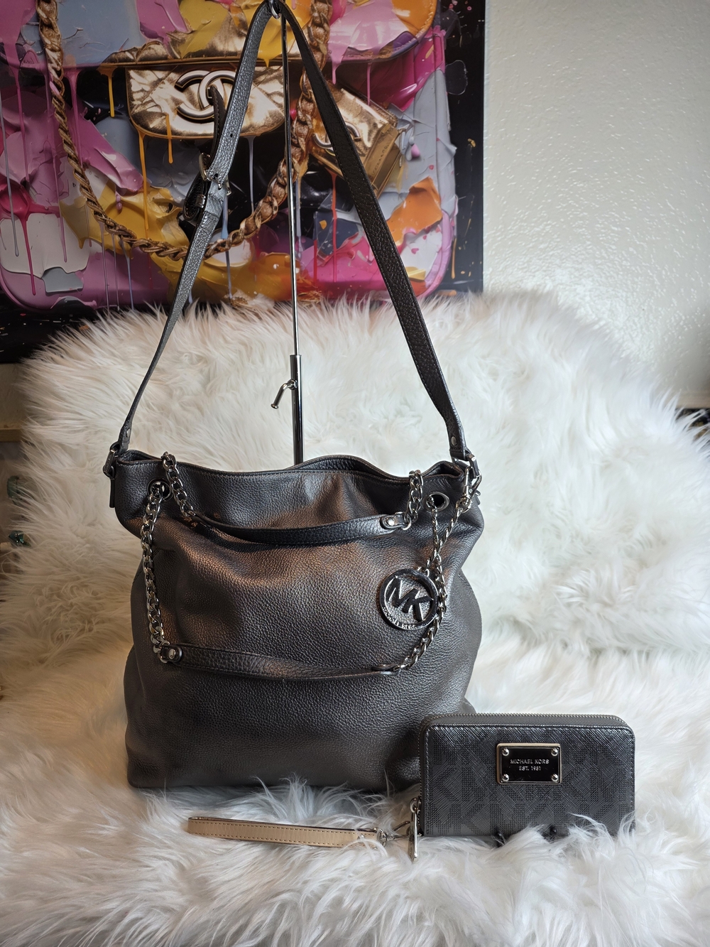 Michael Kors Metallic Gray Pebbled Leather Shoulder Bag with Matching MK Wallet